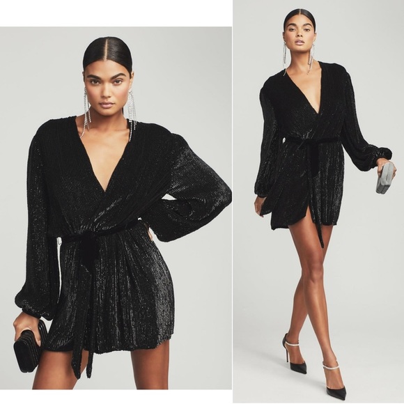 Celeb & BLOGGER FAVE RETROFETE Gabrielle Dress Robe Wrap Sequin Black NEW XS - Picture 2 of 13